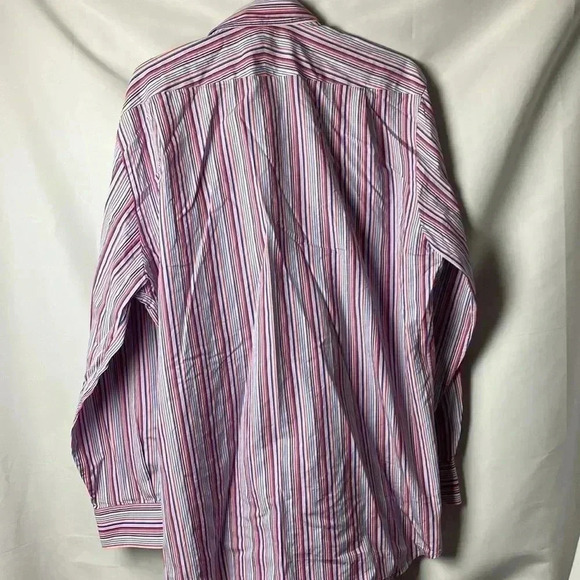 PETER MILLAR MENS SIZE 17/43 COTTON LONG SLEEVE SHIRT PINK  PURPLE NAVY STRIPES - Picture 10 of 14